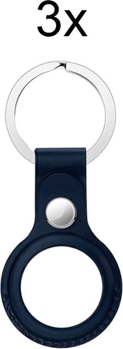 Geschikt voor Apple AirTag-Sleutelhanger - PU Leer AirTag Hoesje - AirTag Apple Case - 3 stuks - Donker Blauw