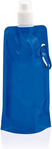 Set van 6x stuks waterzak / drinkfles met karabijnhaak - Blauw - 400 ml - Opvouwbaar - Waterfles herbruikbaar met haak - Herbruikbare opvouwbare waterzakken - Festival Gadget