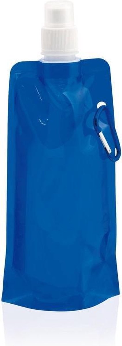 Set van 6x stuks waterzak / drinkfles met karabijnhaak - Blauw - 400 ml - Opvouwbaar - Waterfles herbruikbaar met haak - Herbruikbare opvouwbare waterzakken - Festival Gadget