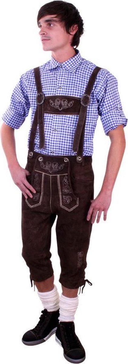 Driekwarts lederhosen bruin echt leer - maat 62 XXL - Oktoberfest suede Tiroler donkerbruine leren heren lederen broek Tirol lange lederhose bierfeest