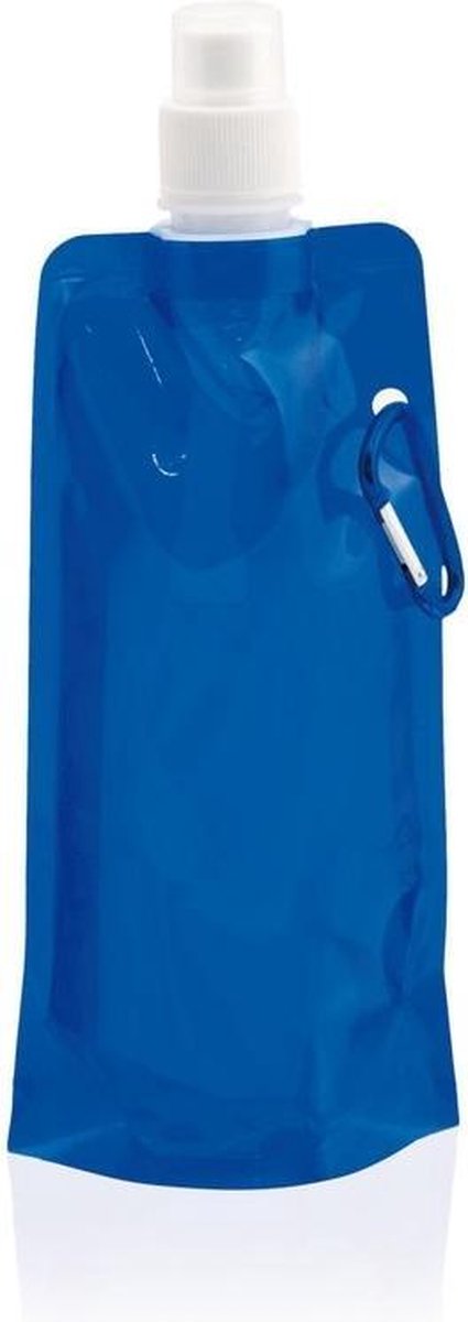 Set van 2x stuks waterzak / drinkfles met karabijnhaak - Blauw - 400 ml - Opvouwbaar - Waterfles herbruikbaar met haak - Herbruikbare opvouwbare waterzakken - Festival Gadget