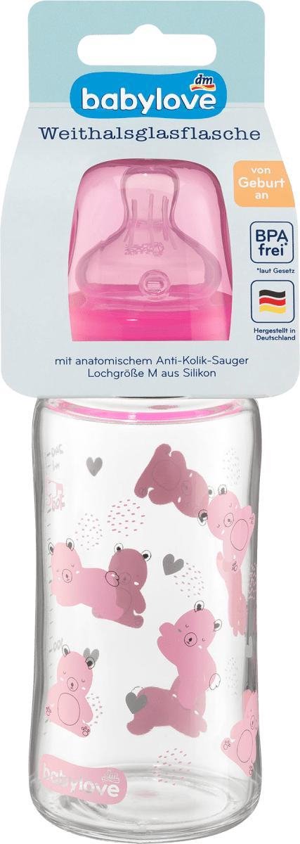 babylove Brede halsfles van glas met siliconen speen