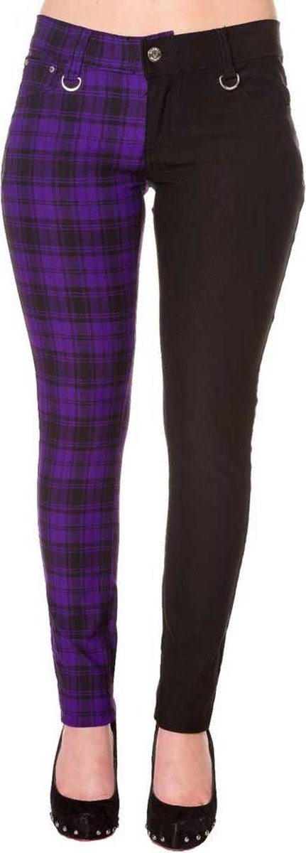 Banned Skinny fit broek -L- HALF BLACK HALF CHECK Zwart/Paars