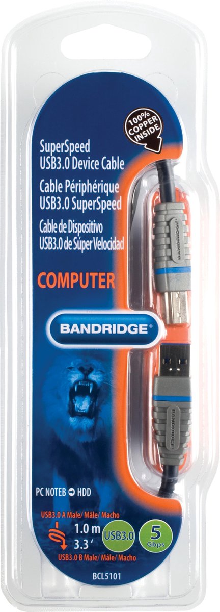 Bandridge - USB 3.0 A-B Kabel - Grijs - 1 meter