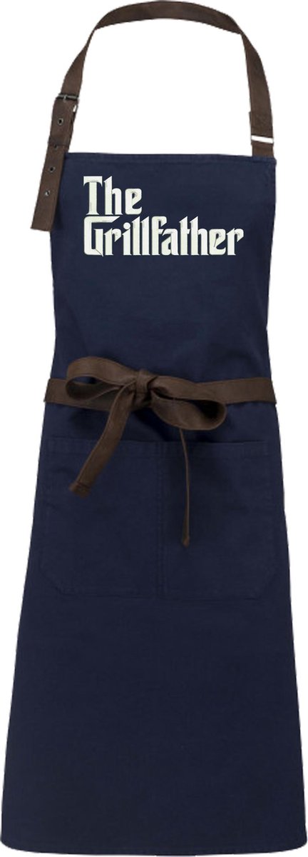 APRON NAVY  (Keukenschort-Kokschort-kookschort-Halterschort) geborduurd in de kleur wit  (THE GRILLFATHER)