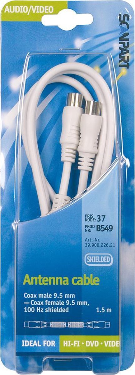 aansluitkabel 9.5mm(M)-(F) recht 1.5m wit