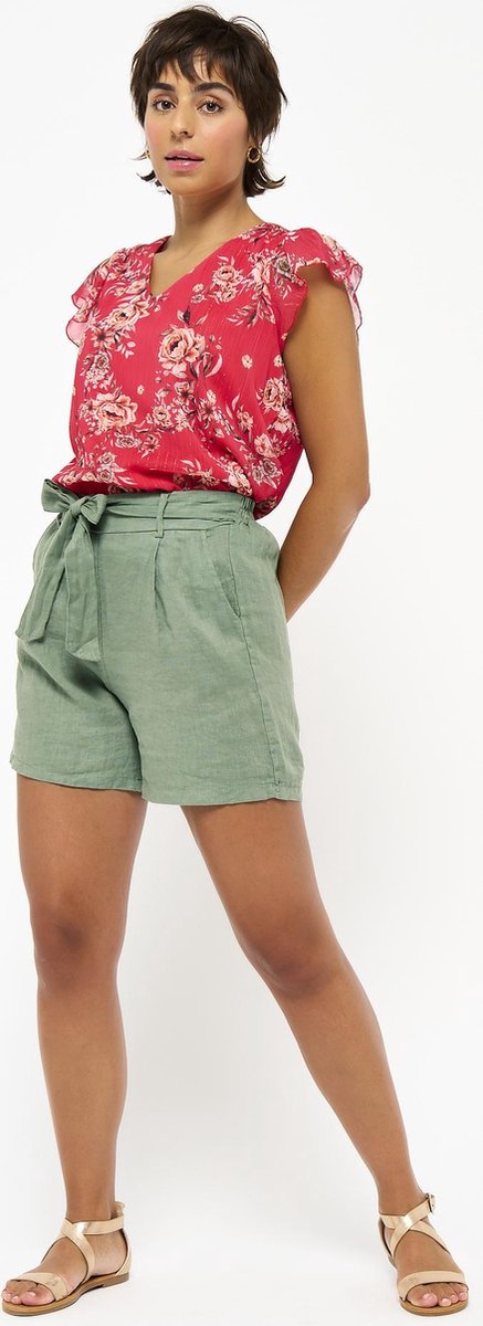 Linnen shorts met ceintuur - Khaki