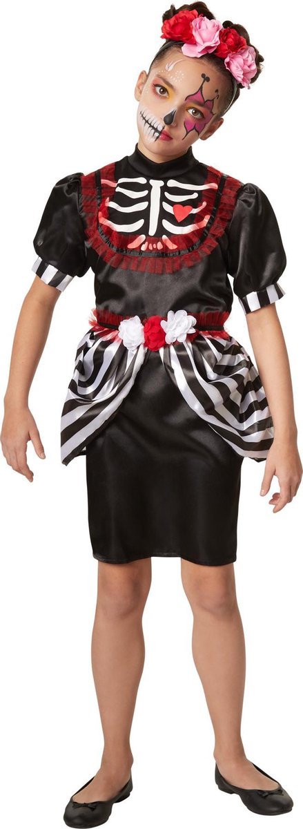 dressforfun - Griezelige skeletdame 116 (5-6y)  - verkleedkleding kostuum halloween verkleden feestkleding carnavalskleding carnaval feestkledij partykleding - 301986