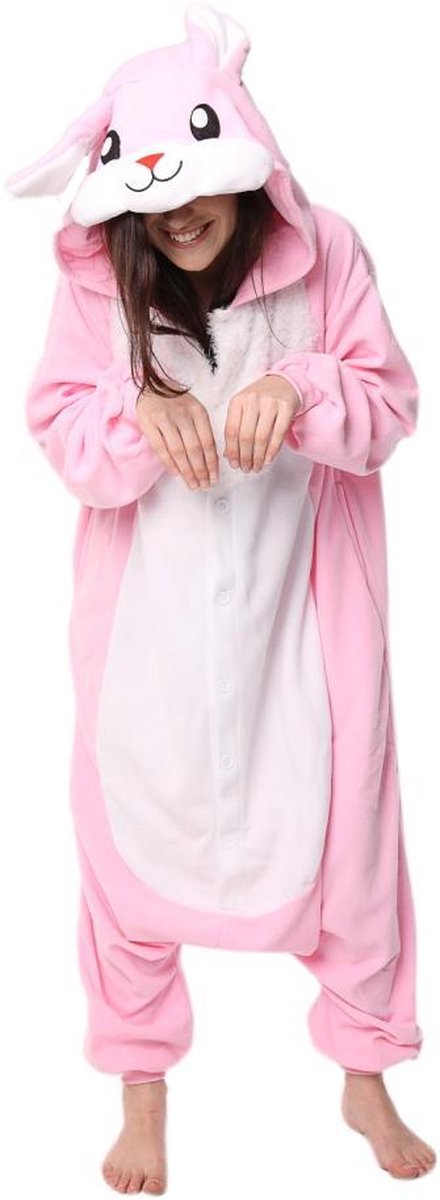 KIMU Onesie konijn pak roze haas kostuum - maat XS-S - konijnenpak jumpsuit huispak