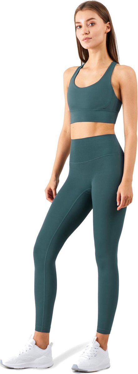 Su.B.dgn Yoga Kleding Dames Set 2 Stuks - Fitness Outfit - Sportlegging High Waist en Yoga Top met Mooie Rug Design en Uitneembare BorstPads - Turkoois