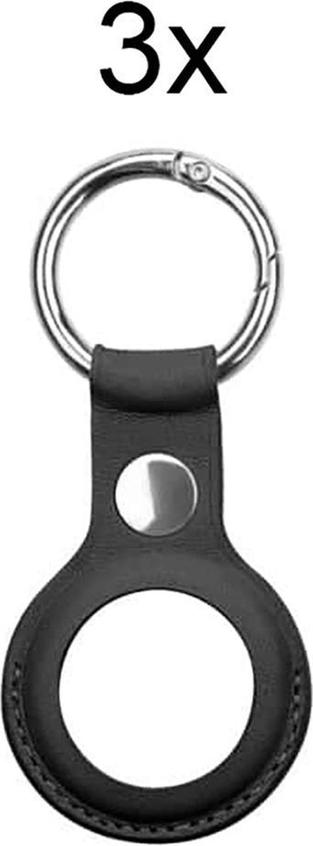 Geschikt voor Apple AirTag-Sleutelhanger - PU Leer AirTag Hoesje - AirTag Apple Case - 3 stuks - Zwart