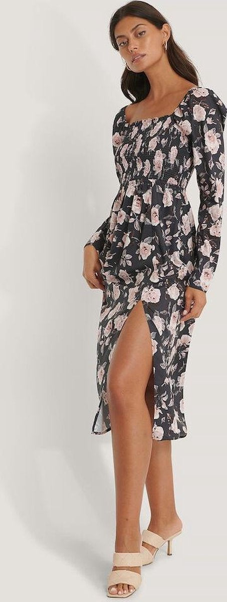 NA-KD Front Slit Smock Vrouwen Jurk - Navy Flower - Maat EU 34