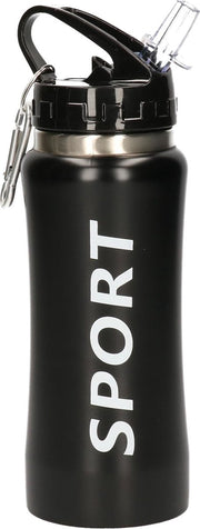 Sport Bidon drinkfles/waterfles Sport print zwart aluminium 420 Ml van aluminium met karabijnhaak