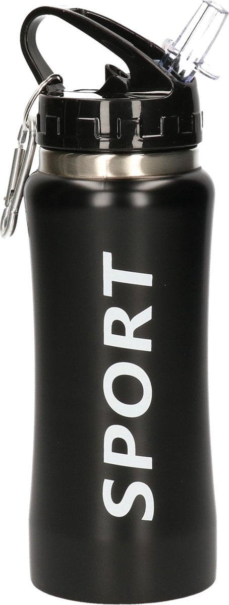 Sport Bidon drinkfles/waterfles Sport print zwart aluminium 420 Ml van aluminium met karabijnhaak