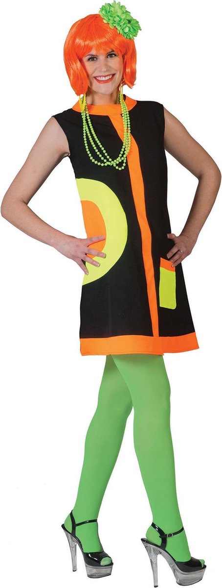 Zwart en fluo sixties kostuum voor vrouwen - Verkleedkleding