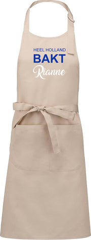 Exclusieve keukenschort - Heel Holland Bakt - beige - met voornaam - opdruk Blauw - naam in wit
