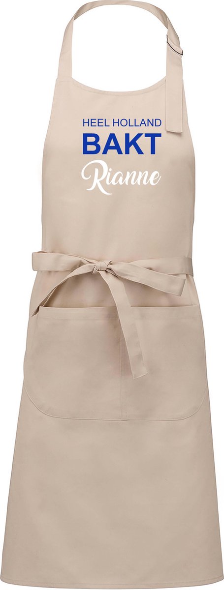 Exclusieve keukenschort - Heel Holland Bakt - beige - met voornaam - opdruk Blauw - naam in wit
