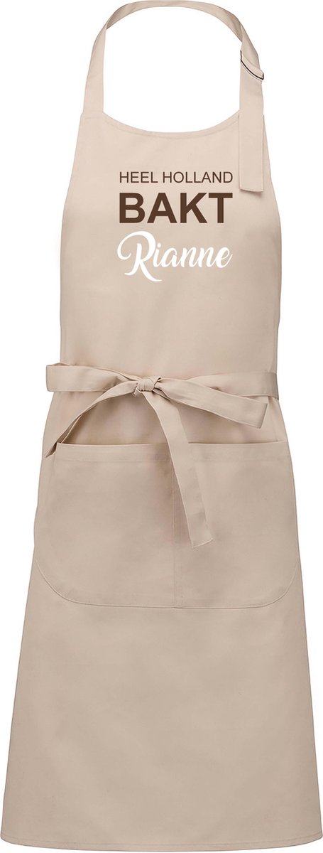 Exclusieve keukenschort - Heel Holland Bakt - beige - met voornaam - opdruk Bruin - naam in wit