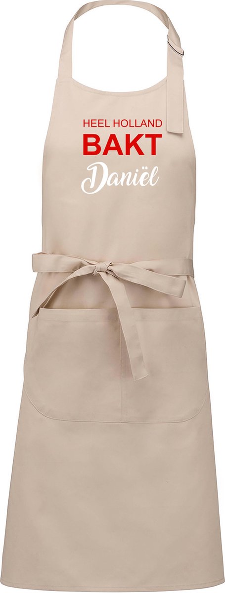 Exclusieve keukenschort - Heel Holland Bakt - beige - met voornaam - opdruk Rood - naam in wit