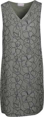 Cassis - Linnen jurk met geborduurde bloemen - Kaki