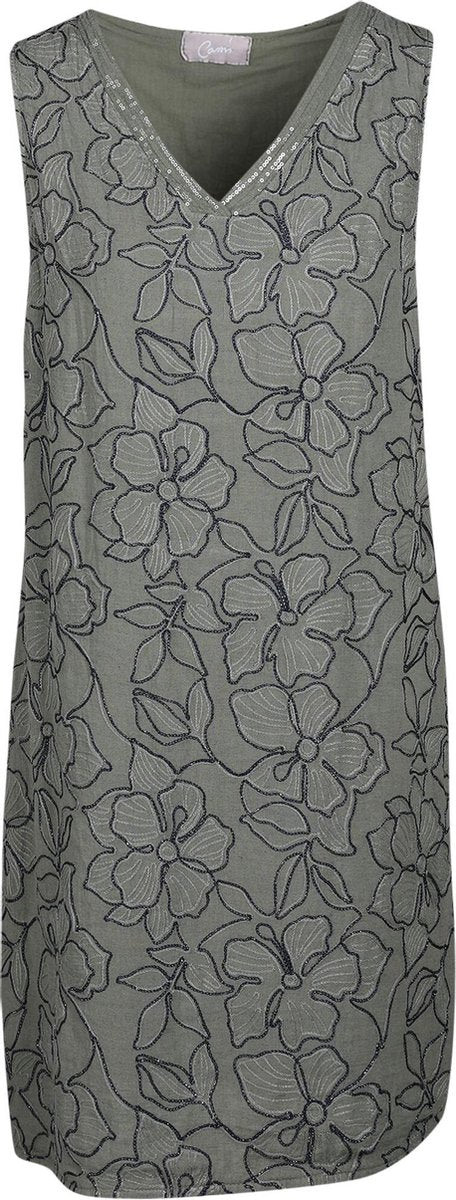 Cassis - Linnen jurk met geborduurde bloemen - Kaki