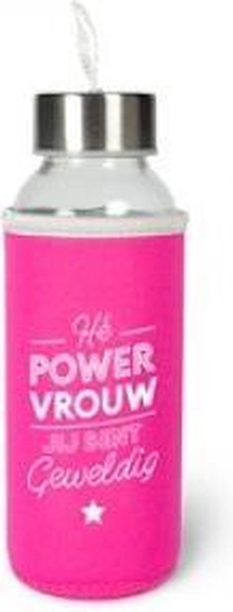 Verjaardag - Waterfles - Hé powervrouw jij bent geweldig - In cadeauverpakking met gekleurd lint