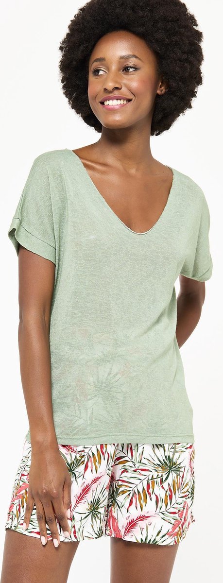 Wijd t-shirt met linnen look - Khaki