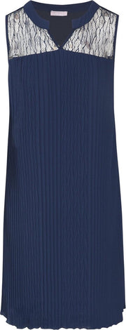 Cassis - Rechte plisséjurk met kanten bovenstuk - Marineblauw