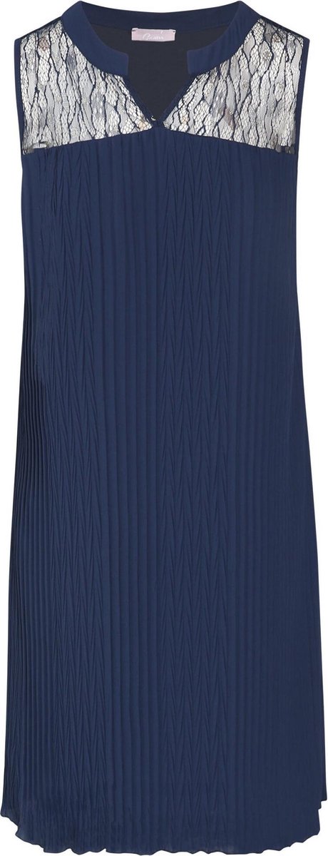 Cassis - Rechte plisséjurk met kanten bovenstuk - Marineblauw