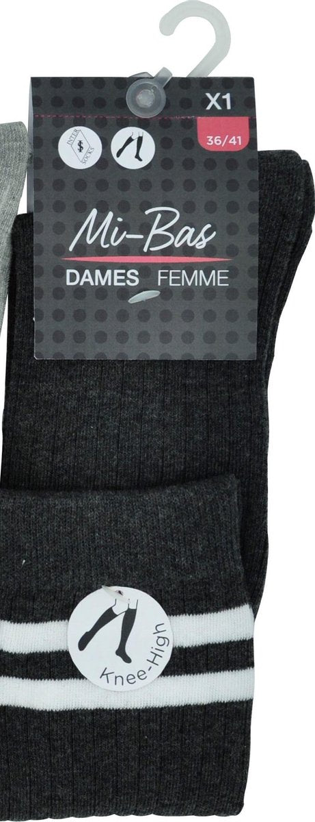 Dames KNIEKOUS - Anthracite- 3 paar - one size - losse elastiek - 78% katoen - met strepen chaussettes socks