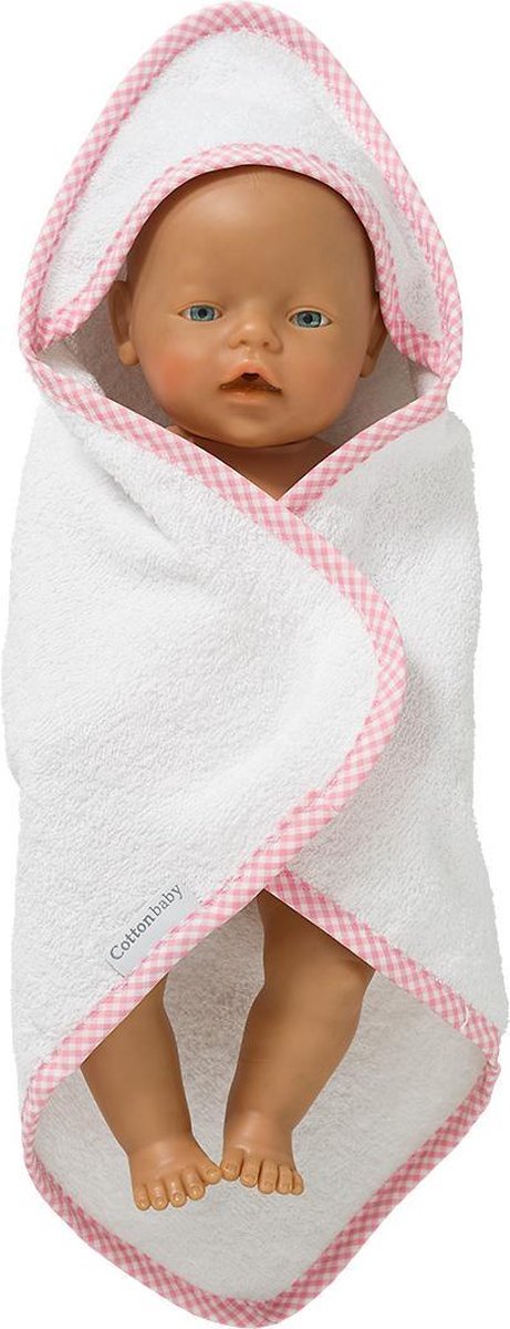 Cottonbaby poppenbadcape wit met geruit biesje roze