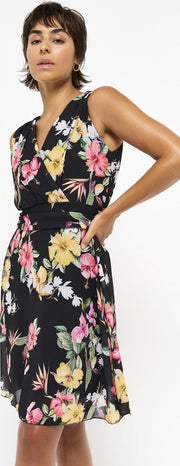 Halflange jurk met bloemen - Zwart