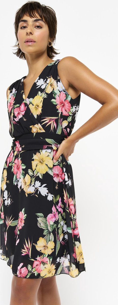 Halflange jurk met bloemen - Zwart