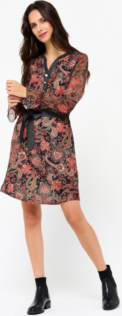 Halflange jurk met print en ceintuur - Zwart