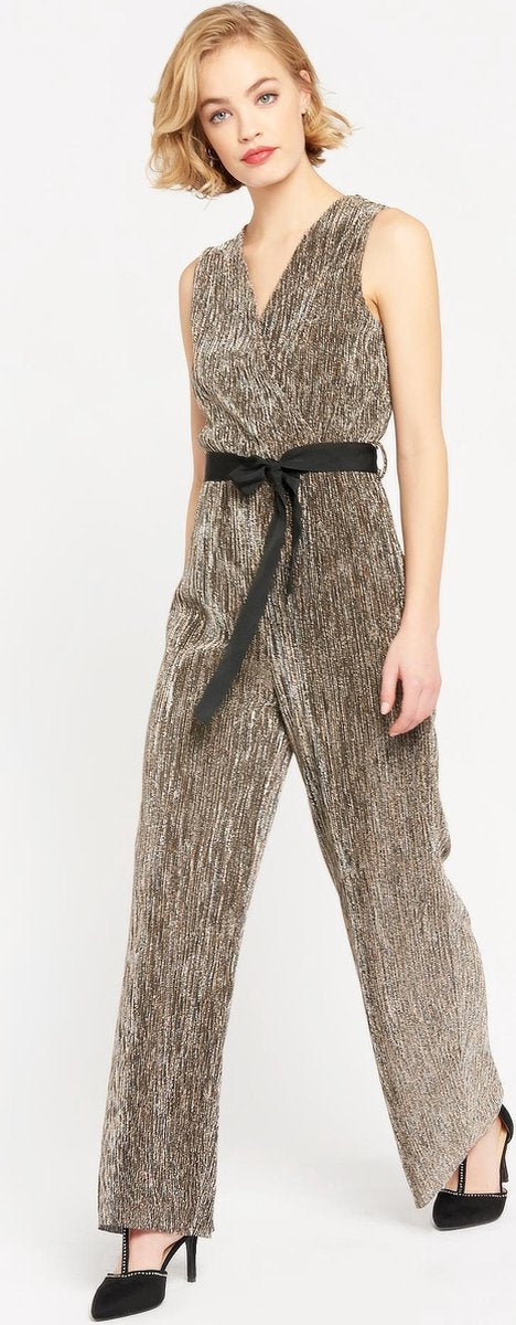Jumpsuit met fijne plisse en ceintuur - Brons