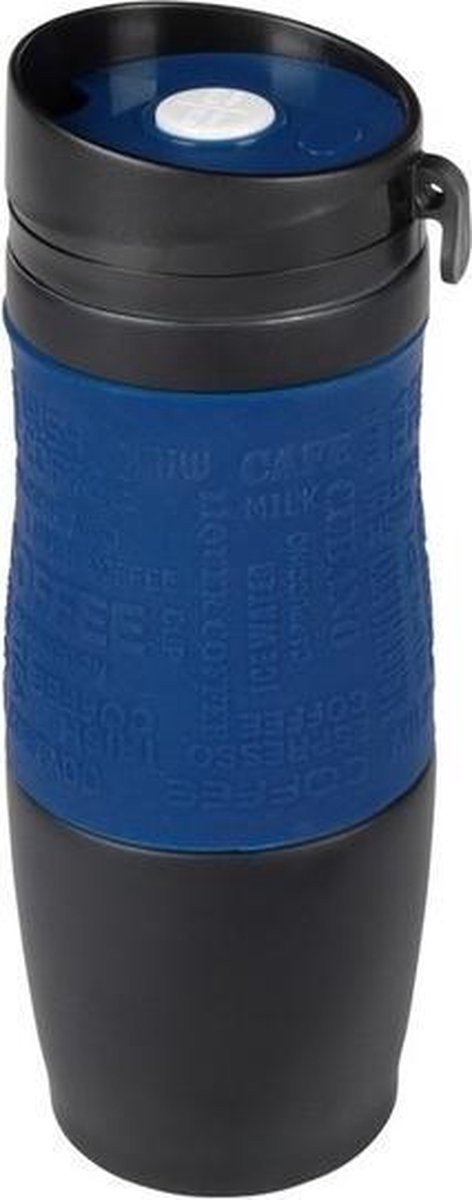 Thermosbeker/warmhoudbeker donkerblauw/zwart 380 ml - Thermo koffie/thee isoleerbekers dubbelwandig met schroefdop