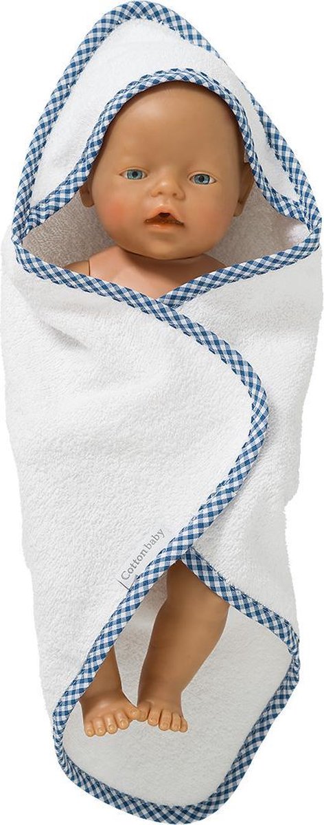 Cottonbaby poppen badcape wit met ruitrandje kobalt