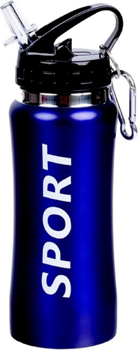Sport Bidon drinkfles/waterfles Sport print blauw 420 Ml van Aluminium met karabijnhaak