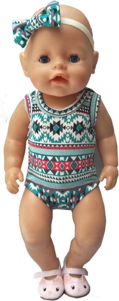 Badpak voor babypop - Geschikt voor Baby Born - Bohemian style badkleding - Zwemkleding met haarband - Groen & Rood