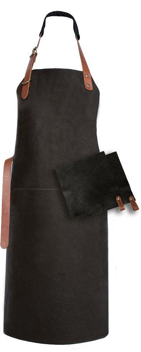 Leren BBQ Schort Tennessee. (Zwart) Nu tijdelijk met gratis pannenlap set.