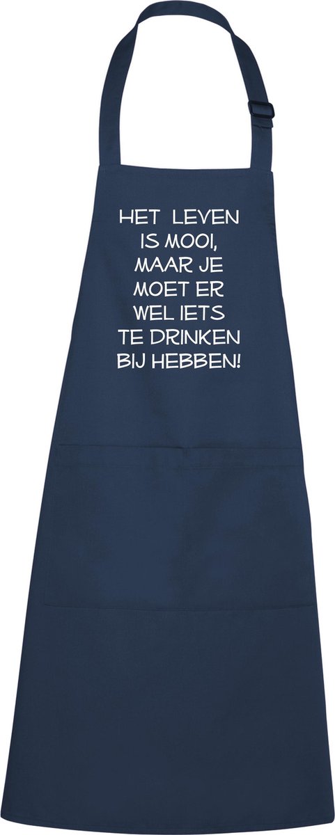 Mijncadeautje Schort - Het leven is mooi - opdruk wit - mooie en exclusieve keukenschort - blauw / navy