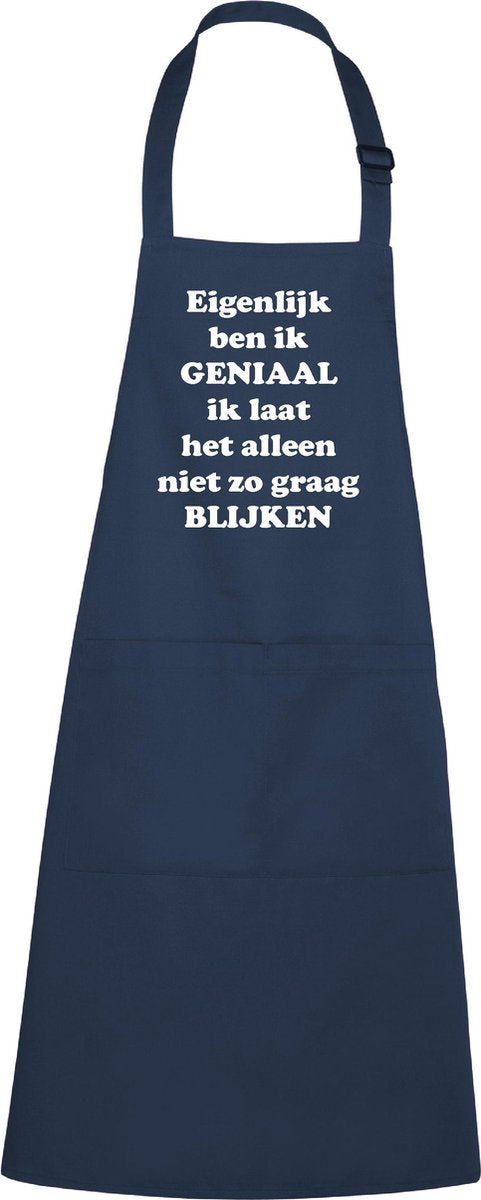 Mijncadeautje Schort - Ik ben geniaal - opdruk wit - mooie en exclusieve keukenschort - blauw / navy