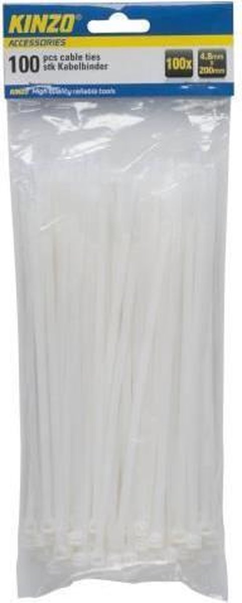 Kinzo Kabelbinders 4.8x200mm wit 100 stuks