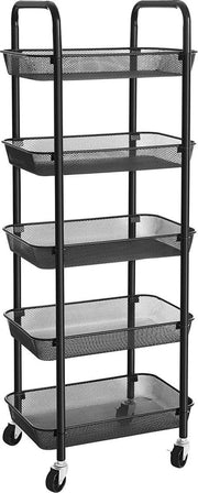 Nancy's Fajardo Keukentrolley - 5 Niveaus - Serveerwagen - 2 Remmen - Handgrepen - Mandjes - 4 Wieltjes - Staal - Zwart/Wit 41.5 x 32.5 x 108 cm