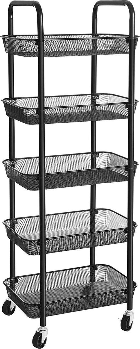 Nancy's Fajardo Keukentrolley - 5 Niveaus - Serveerwagen - 2 Remmen - Handgrepen - Mandjes - 4 Wieltjes - Staal - Zwart/Wit 41.5 x 32.5 x 108 cm