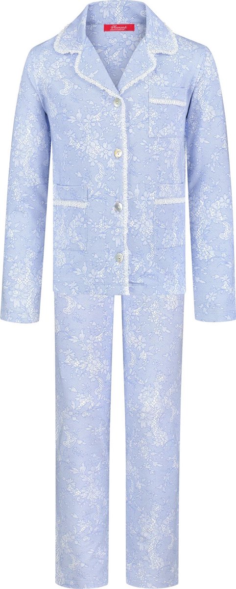 Exclusief Luxueus Kinder nachtkleding Luxe mooie zacht blauwe Girly Pyjama van Hanssop met verfijnde kant rand details en luxe kraag verwerking