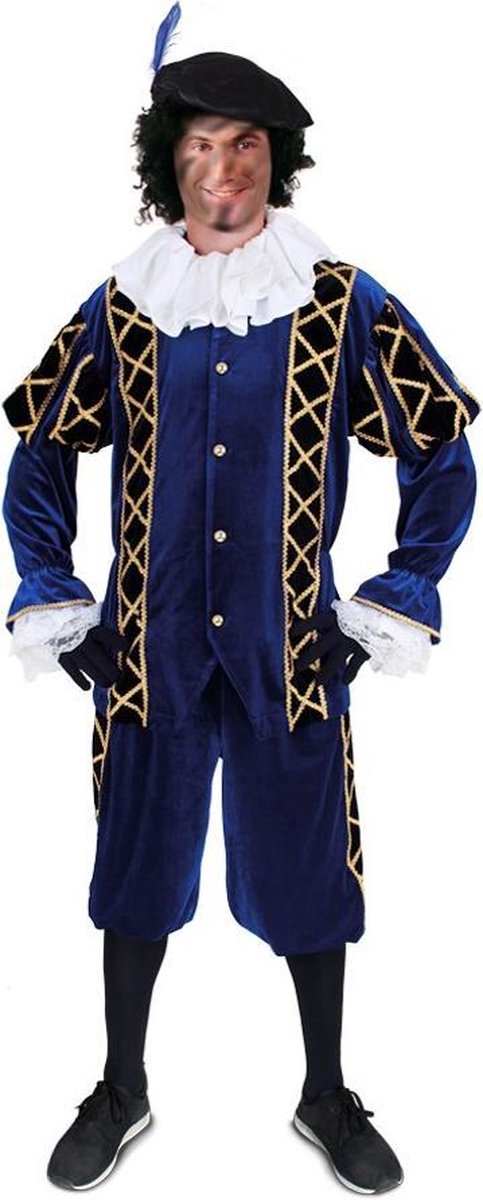 Luxe Piet pak blauw fluweel maat S + GRATIS PROFESSIONELE SCHMINK - fluwelen pietenpak kostuum goud zwart Sinterklaas festivalzwart Sinterklaas festival