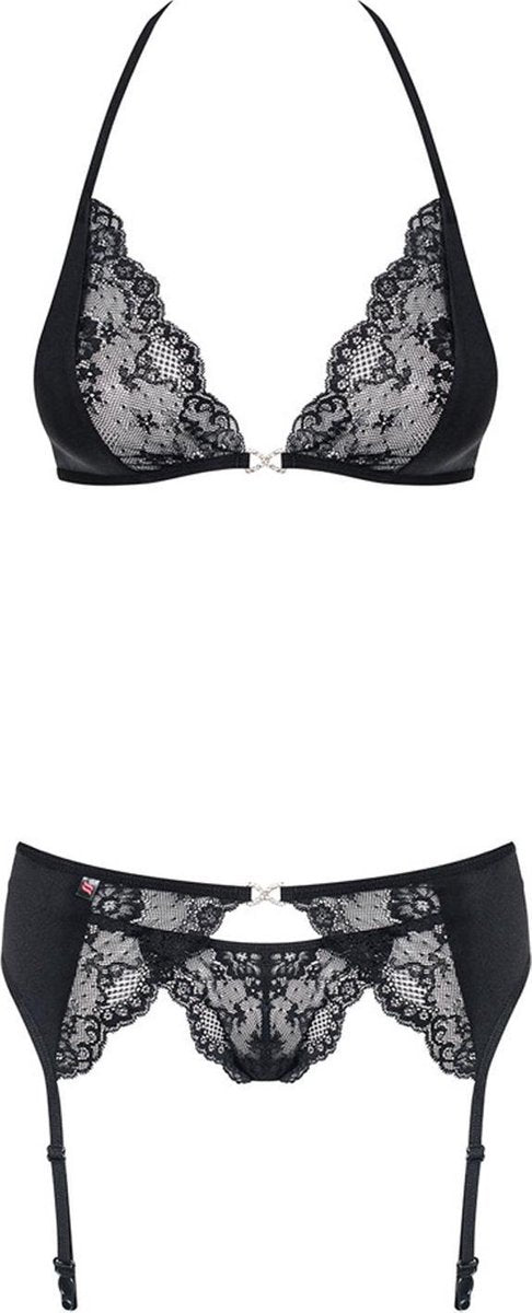 Obsessive – Charmea Lingerie Set met Jarretel Band en Strass Elementen Pikant en Stylish – Maat L-XL -Zwart