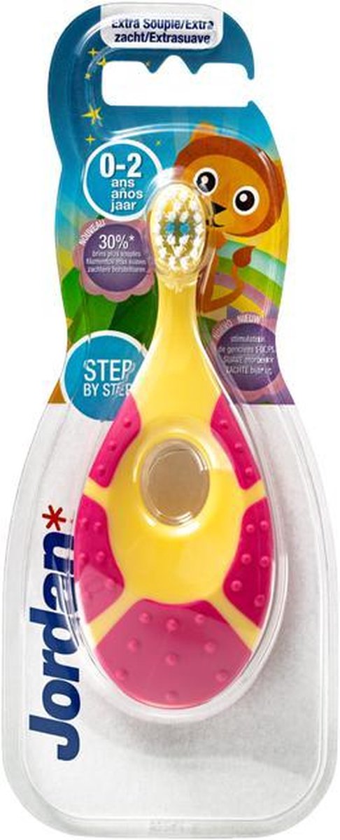 Jordan Step By Step 1  - 4x Tandenborstel (0-2 jaar) Kleur Roze/Geel met 2x Jordan Tandpasta 0-5 jaar