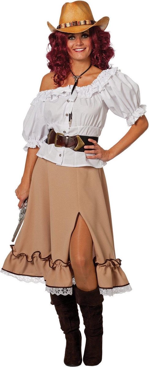 Cowgirl en western rok bruin met hoge split en franje Maat 36